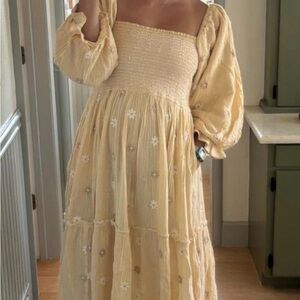 Free People Dahlia Embroidered Floral Maxi Dress Yellow Womens Size Large